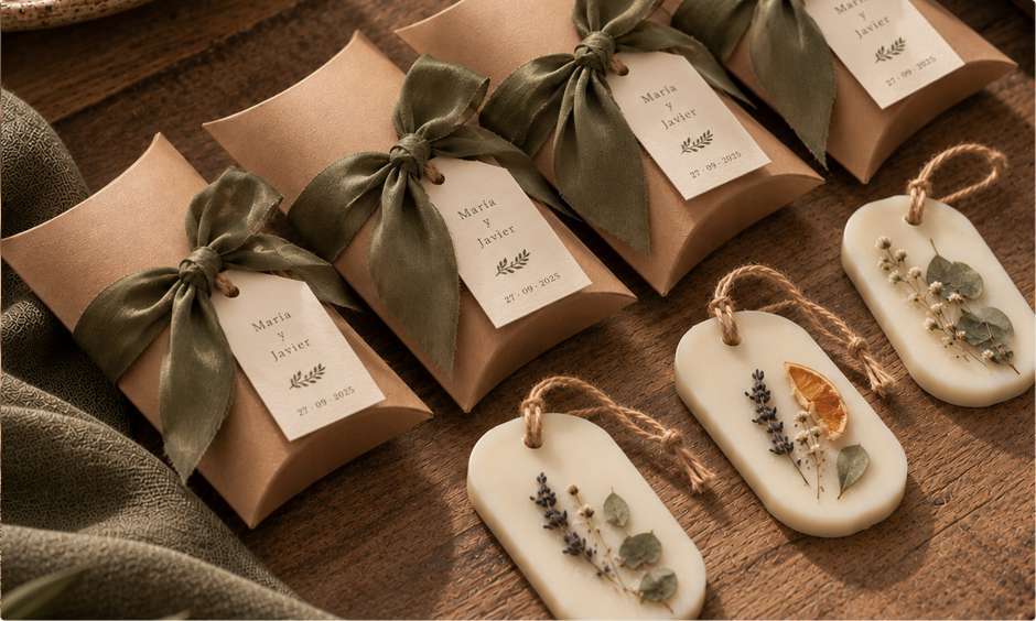 Ambientadores de cera con flores naturales y cajas kraft con lazos verde oliva