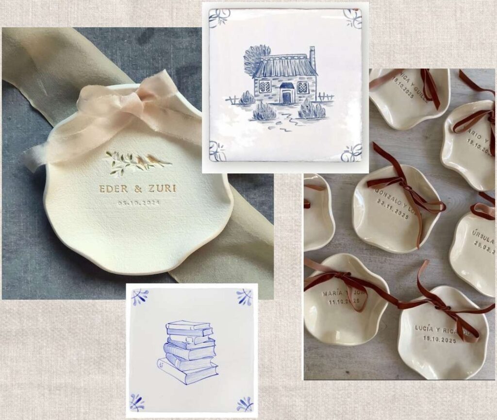 Platitos y azulejos cerámicos personalizados del catálogo de bodas Cabaliito