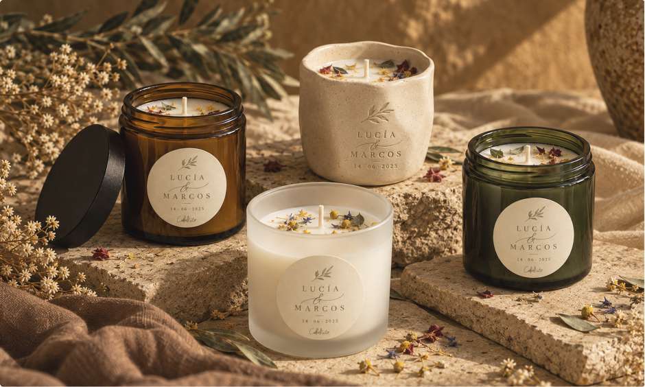 Velas personalizadas en vidrio ámbar, verde y cerámica del catálogo de bodas Cabaliito