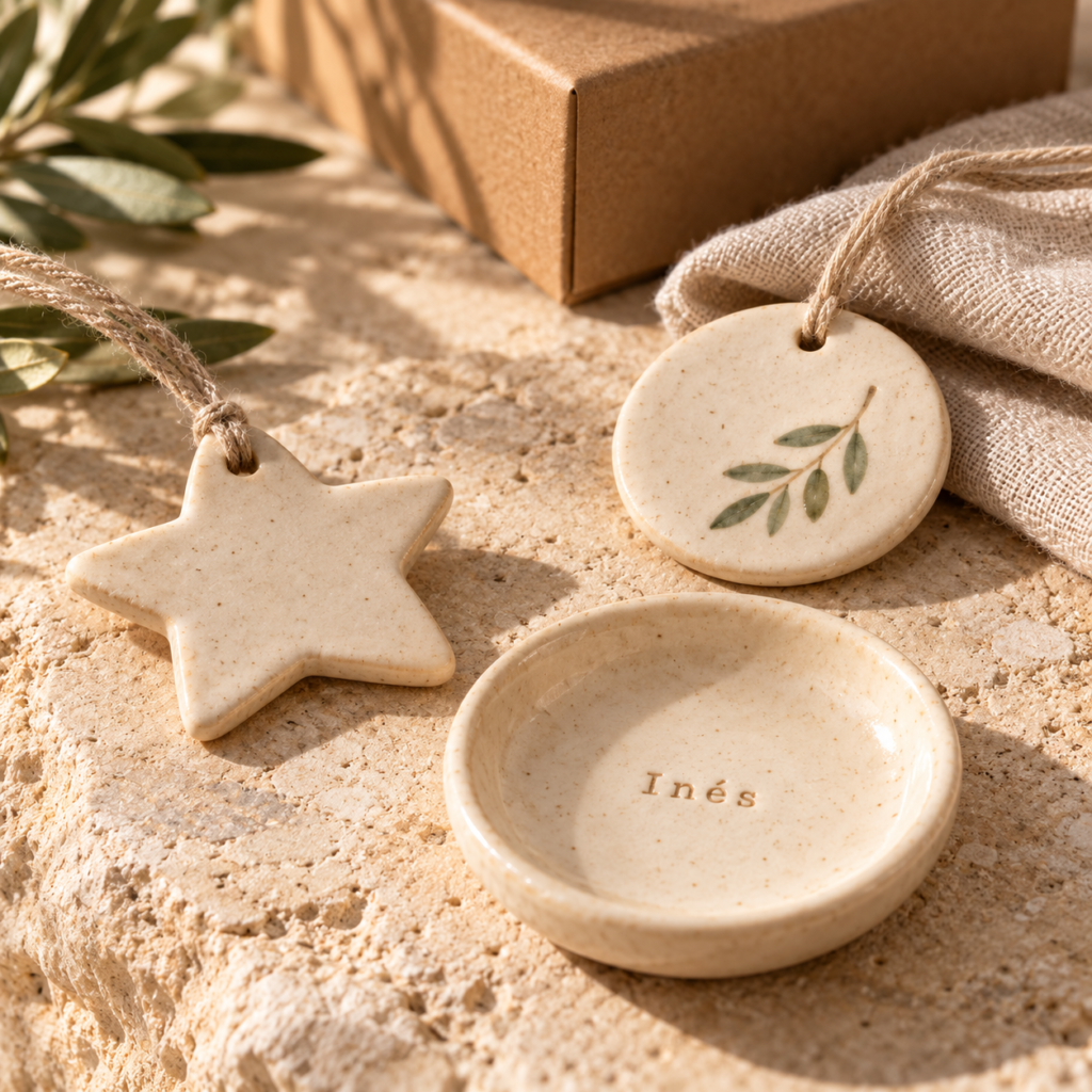 Propuesta de recuerdos en cerámica: estrella, medallón y pequeño plato personalizado