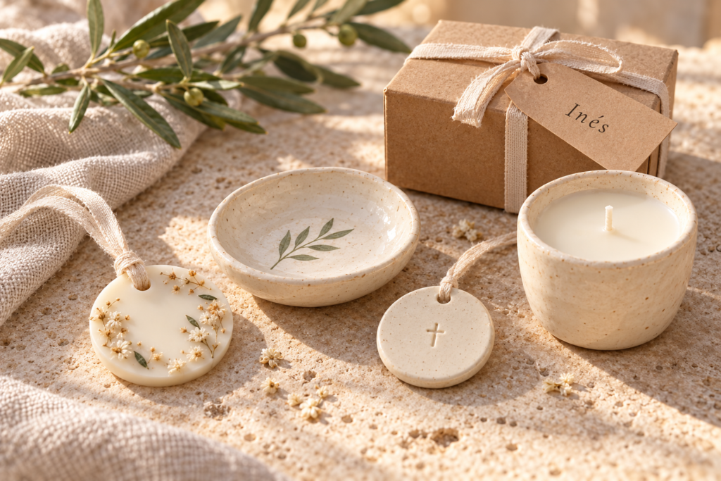 Propuesta de detalles de comunión personalizados en cerámica y cera vegetal