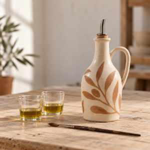 Aceitera de cerámica decorada, vasos de cata y pincel · Taller Casa Cabaliito