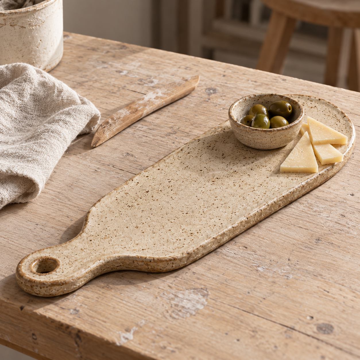 Tabla de aperitivos en cerámica con aceitunas y queso · Taller Casa Cabaliito