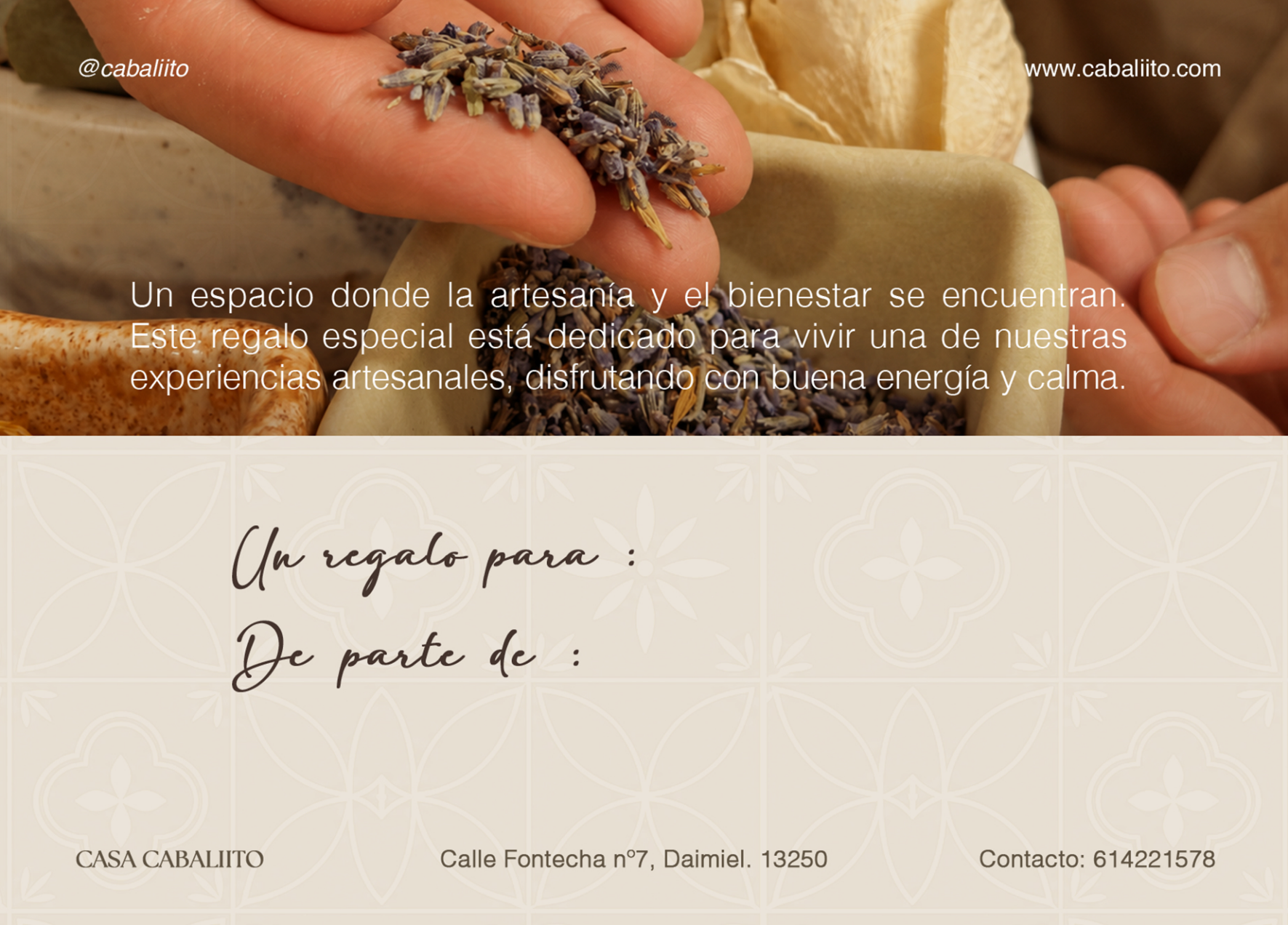 Reverso de la tarjeta para regalar un taller con espacio para destinatario y remitente